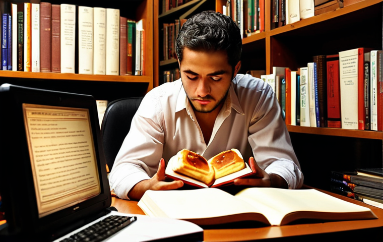 ** A translator engrossed in technical documents, illuminated by the glow of a computer screen, surrounded by stacks of specialized books. Focus on conveying expertise and deep concentration. Add subtle Portuguese cultural elements to the background (like a "Pastel de Nata" on the desk or a book about Portuguese history).
**