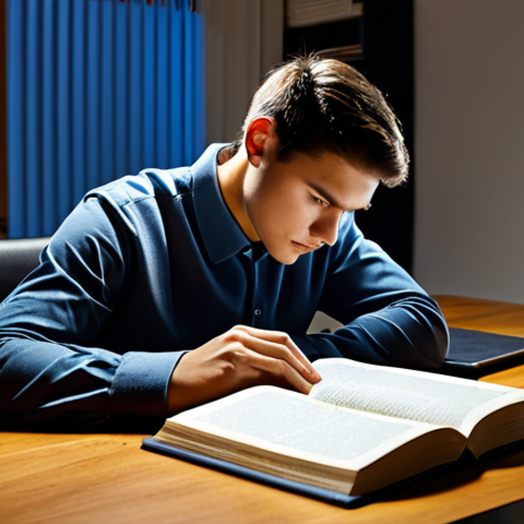 A focused professional student, dressed in modest and comfortable attire, deeply engrossed in studying late at night or early morning. Surrounded by open books and a laptop on a well-organized desk in a quiet, modern home office. Soft, warm lighting illuminates the scene. The subject exhibits a natural pose, perfect anatomy, and correct proportions, with well-formed hands resting on a book. The atmosphere conveys dedication and quiet intensity. safe for work, appropriate content, fully clothed, professional, high quality, professional photography, natural body proportions.