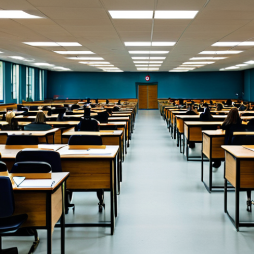 Home 7 **
A bright, spacious examination hall filled with rows of neat wooden desks. Fluorescent lights hum softly overhead. Candidates, all fully clothed in appropriate attire, are seated, focused on their exams. Proctors monitor the room. Safe for work, appropriate content, professional, perfect anatomy, correct proportions, well-formed hands, proper finger count, natural body proportions.
**