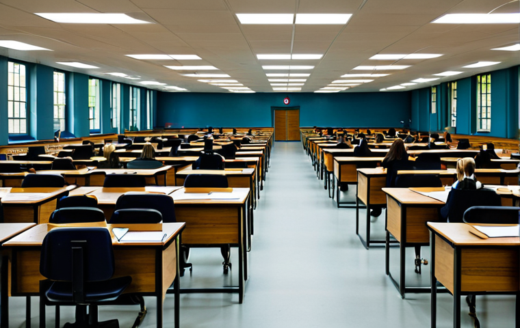**
A bright, spacious examination hall filled with rows of neat wooden desks. Fluorescent lights hum softly overhead. Candidates, all fully clothed in appropriate attire, are seated, focused on their exams. Proctors monitor the room. Safe for work, appropriate content, professional, perfect anatomy, correct proportions, well-formed hands, proper finger count, natural body proportions.
**
