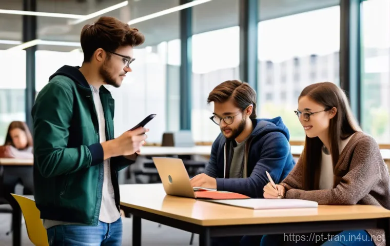 통역사 학원 선택 가이드 - **Prompt:** "A diverse group of young adults, approximately 18-22 years old, engaged in a collaborat...