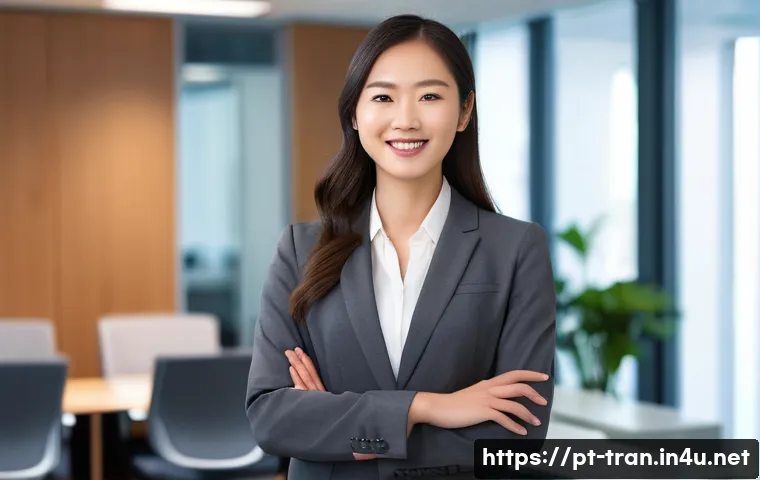 통역사 인터뷰 준비 전략 - **Prompt:** A confident female interpreter, dressed in a sharp, tailored dark grey business suit wit...