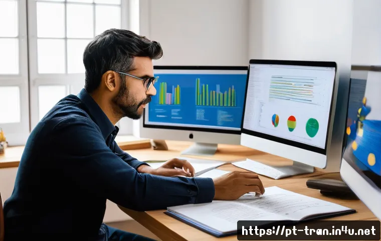 통역사로서 국제 이슈를 이해하는 법 - A professional translator working at a modern desk in a bright home office filled with books and cul...