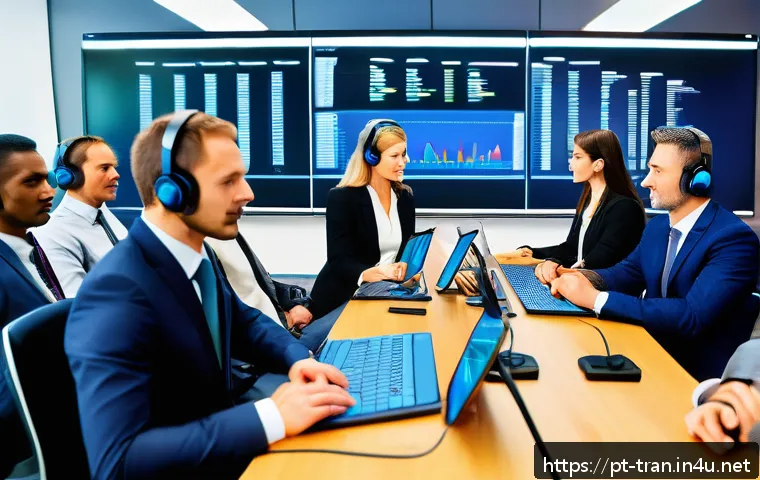 통역사로서 성장하기 위한 독서 리스트 - A professional interpreter seated in a modern conference room, wearing business attire and discreet ...